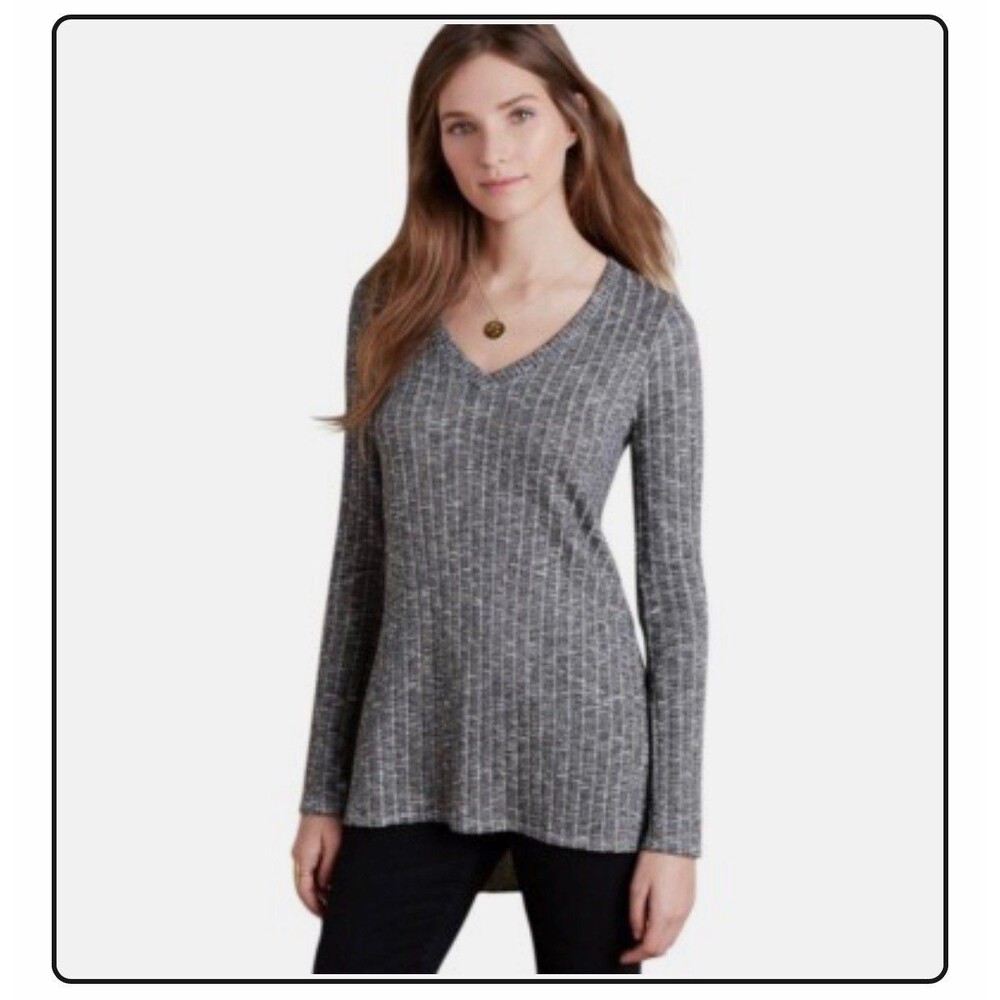 Anthropologie Deletta Ribbed V Neck Hi-Low Tunic Top Heathered Gray, Sz S